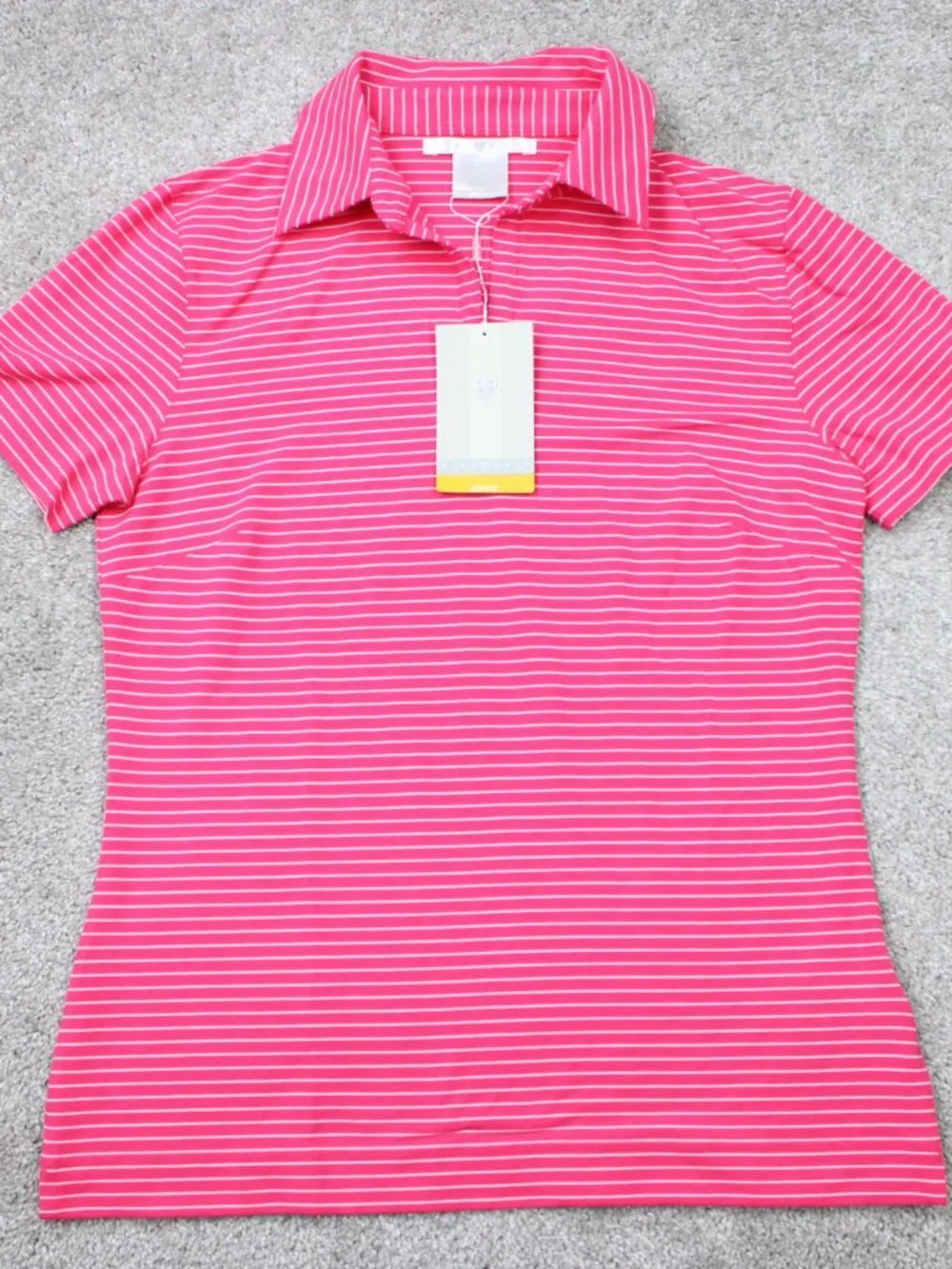 Nike Polo Shirt NWT Womens Medium Pink/White Striped Dri-Fit Golf Short Sleeve